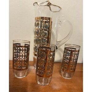 Culver  turquoise And 22 K Gold Pisa Glass Pitcher And 3 Glasses Barware Set MCM